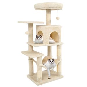 Torre per Gatti a Più Livelli Beige da 44 Pollici con Ampia Piattaforma Superiore, Cuccia a 2 Porte e Amaca per Gatti da Interno, Mobili per Animali Domestici in Cartone con Motivo Solido - Product Image 1