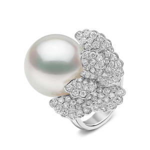 Luxury Women <b>Cocktail</b> <b>Ring</b> With Seawater Pearl And Round Brilliant Cut Diamonds Flower Design 18K Solid <b>Gold</b> - Product Image 2