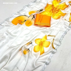 Beautiful Top Quality Satin Georgette with Floral Digital Print & Swarovski Cut-work Border <b>Saree</b>-<b>Blouse</b> Woman Fashion - Product Image 1