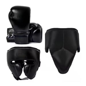 Professional Black Genuine Leather Boxing Set <b>Lace</b> Gloves Headgear Groin Guard 3 Piece Sparring Kit Durable Shock-Absorbent - Product Image 1