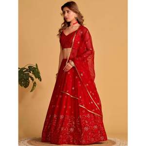 <b>Red</b> Embroidered Georgette Engagement <b>Lehenga</b> Choli for <b>Wedding</b> Apparel - Product Image 4