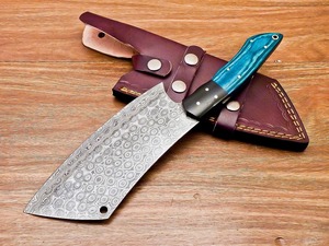 Couteau de chef artisanal personnalisé en acier Damas, manche en bois et corne, écologique, ambidextre, avec étui en cuir - Product Image 3