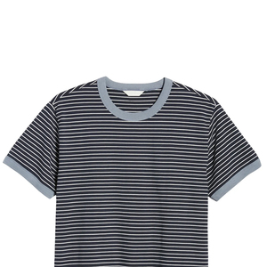 Camiseta de Manga Corta a Rayas para Hombre, Corte Regular, Cuello Redondo, Ribete en Contraste, Top Informal de Algodón Tejido - Product Image 4