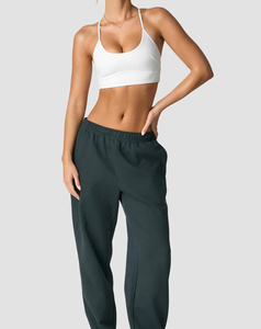 Pantalon de survêtement en molleton vert foncé pour femme, taille mi-haute élastique, coupe ample, longueur intégrale, couleur unie, style décontracté automne - Product Image 3