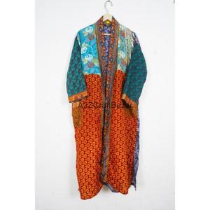 Handmade Silk Patchwork V-neck Drawstring Closure Full Length Soft Breathable Gown Lounge Wear Kimono Party Gown for Women Boho - Product Image 5