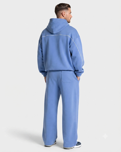 Conjunto Deportivo Azul Azur para Hombre, Talla Grande, con Líneas en Contraste, Sudadera con Capucha de Felpa de Algodón de Primera Calidad y Pantalones Deportivos de Pierna Ancha - Product Image 2