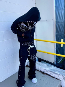 Double Waist Sports Pants – Steel Rim Detail Black Joggers | Printed Diamond Design Unisex Streetwear Fashion - Product Image 2