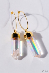 <b>Gold</b> Hoop <b>Earrings</b> with Rainbow Aura Quartz Crystal Points | Large <b>Dangle</b> Statement <b>Earrings</b> | Boho Gemstone Jewelry for Women - Product Image 2