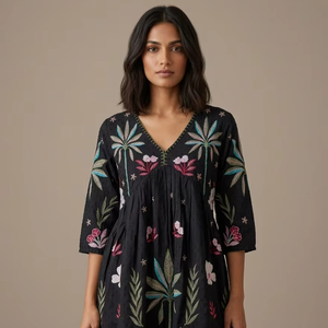 Minivestido de Algodón con Cuello en V, Manga Corta, Corte Holgado, Diseño Sólido, Informal para Mujer, con Bolsillos Funcionales y Cómodos - Product Image 1