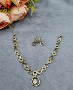 AD Alternating Circle Teardrop Chain Antique <b>Gold</b> Plated Necklace <b>Set</b> Pave Frame Waterdrop Pendant & Matching Earrings Wholesale - Product Image 2