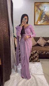 Sari de Georgette Suave y Pesado Listo para Usar con Bordados y Lentejuelas en el Borde de Encaje, Sari para Bodas. - Product Image 5