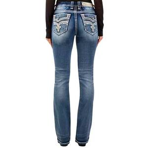 Jean en denim droit taille mi-haute pour femme, avec fermeture boutonnée, style décontracté streetwear, nœud en dentelle, vente en gros, service d'usine OEM - Product Image 3