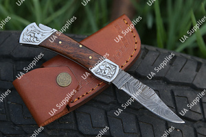 UA Supplies Professional Back Lock Folding Blade Drop Point Damascus Steel EDC <b>Utility</b> Pocket <b>Knife</b> Rosewood Engraved 7.5in OEM - Product Image 2