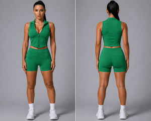 Women <b>2</b> <b>Piece</b> Sports Wear <b>Set</b> Sleeveless Zipper Top High Waist Shorts Solid <b>White</b> Activewear Fitness Outfit Sporty Style - Product Image 4