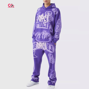 Ensemble de survêtements unisexes pour hommes en coton de haute qualité, coupe oversize, avec impression sérigraphiée et broderie, comprenant un pantalon long évasé et un sweat à capuche délavé à l'acide - Product Image 1
