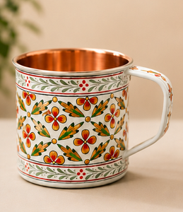 Taza de Cobre con Diseño Floral Pintada a Mano, Estilo Tradicional Indio, Vajilla Decorativa, Base Azul, Asa, Ecológica, para Uso Doméstico - Product Image 5