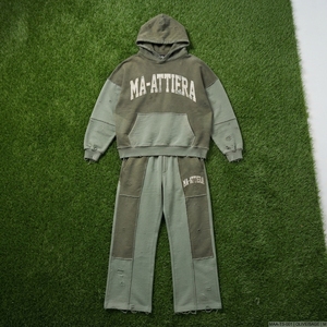 Custom Men Olive Green Distressed Hoodie <b>Jogger</b> Set Cotton Fleece <b>Oversized</b> Streetwear Tracksuit OEM Wholesale - Product Image 6