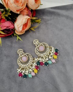 Designer Round Gem Stone Chandbali Pearl Bead Tassel <b>Dangle</b> <b>Earrings</b> Antique <b>Gold</b> Plated For Women Fashion <b>Earrings</b> Manufacturer - Product Image 3