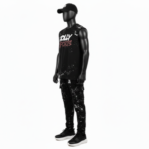 Conjunto de pantalón y camiseta sin mangas para hombre, tela de mezcla de algodón transpirable de alta calidad, negro, estampado personalizado, camiseta sin mangas y pantalón para hombre - Product Image 4