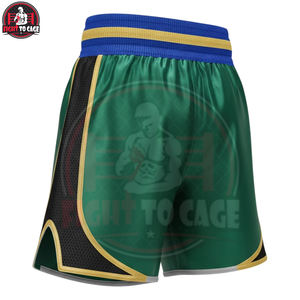Shorts de boxe en polyester respirant avec logo personnalisé, bordure dorée en satin vert, couleurs personnalisées, OEM/ODM, nouvelle collection automne – Fournisseur de qualité - Product Image 4