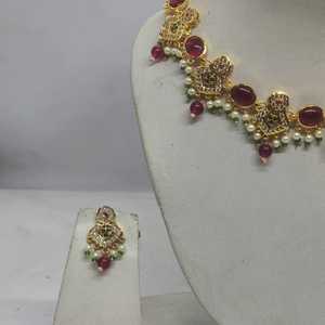Parure de collier ovale plaqué or avec rubis et Kundan, ornements délicats perlés, style ethnique indien, pour soirée, collier ras-du-cou - Product Image 2