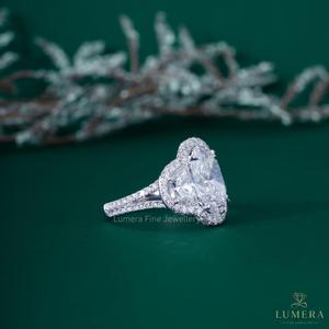 Luxury 18K White Gold Oval Cut 3-Stone Engagement <b>Ring</b> with Half <b>Moon</b> Side Stones Continuous Halo - Product Image 3