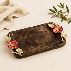 Handcrafted Rectangular Mango Wood <b>Serving</b> <b>Tray</b> With Luxury <b>Gold</b> Hibiscus Flower Handles Decorative Rustic Platter For Home Use - Product Image 4