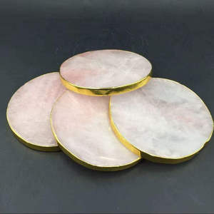 Premium Rose Quartz Round <b>Coaster</b> <b>Set</b> Natural Crystal Slice Design Gold Finish Luxury Home Decor Coffee Table and Drink Use - Product Image 2