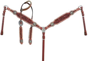 <b>Floral</b> Tooling Barrel Racer Conchos One Ear Headstall Breast Collar and Reins Western Horse Tack Set Premium Handmade Genuine - Product Image 1