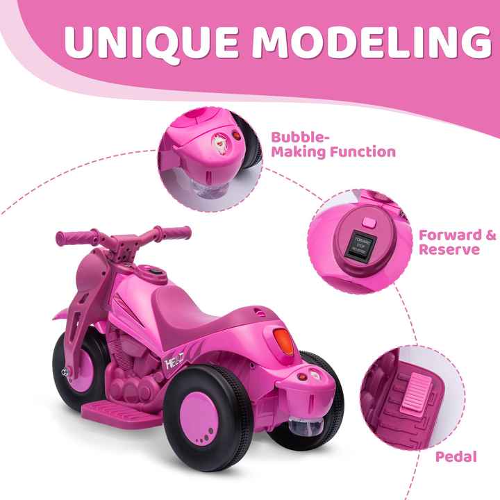 6V Bubble Car Kids' 3 Wheeled Electric Motorcycle with LED Headlight and Music Pink Ride-On Vehicle with Music Features