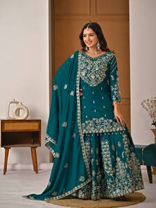 Ensemble Salwar Kameez brodé vert sarcelle en soie de chiffon, tenue longue traditionnelle pour femme, longueur genou, pour mariage, fête et festival - Product Image 3