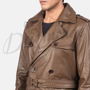 Abrigo de Cuero Genuino Marrón Personalizado para Hombre, Estilo Británico Clásico, Corte Entallado, Chaqueta de Invierno Larga con Doble Botonadura - Product Image 2