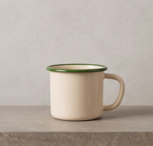 Factory Direct Wholesale Custom Logo Enamelware Heavy Duty Iron Camping Cup Featuring Classic Solid <b>Cream</b> Finish And Green Rim - Product Image 4