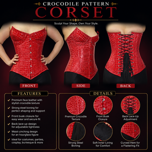Corsé de Cuero Sintético con Estampado de Cocodrilo Rojo, con Varillas de Acero, para Mujer - Product Image 4