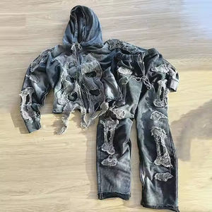 Ensemble survêtement unisexe vintage en coton imprimé, coupe oversize, avec pantalon évasé et sweat à capuche délavé personnalisé pour homme - Product Image 5