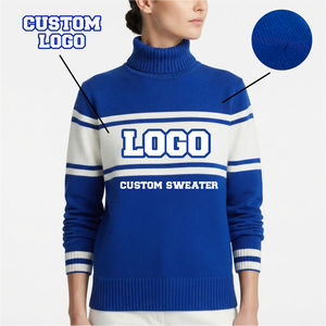 <b>Custom</b> Logo Women's Blue Knit Crew Neck Cardigan Front Blue White Striped Long Sleeve Unisex Anti-Wrinkle Polyester/Cotton All - Product Image 3