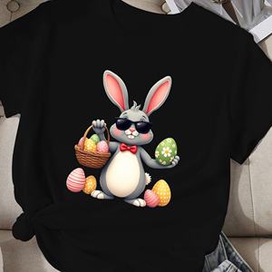 Camiseta Casual de Manga Corta con Cuello Redondo para Mujer, con Estampado de Conejo Animado y Huevos de Pascua en Tejido de Punto de Poliéster - Product Image 2