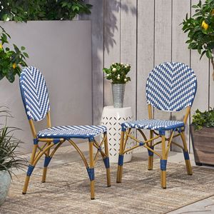 Set di 2 Sedie da Bistrot Senza Braccioli in Alluminio e Rattan PE con Finitura Effetto Bambù Blu Navy per Esterni - Product Image 4