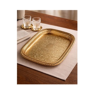 Plateau de service rectangulaire en laiton doré de qualité supérieure – Élégante assiette marocaine pour thé et café avec décor perforé et orné - Product Image 3