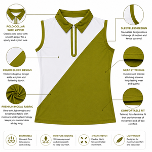 Polo sin Mangas para Mujer, Más Vendido, Color Verde y Blanco, Cierre de Cremallera, Transpirable, Tejido, Deportivo, Estilo Casual para Golf - Product Image 3