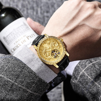 Reloj Mecánico de Esqueleto para Hombre con Logotipo Personalizado OEM ODM, Caja de Acero Inoxidable Dorado, Correa de Cuero Genuino, Reloj de Pulsera Automático