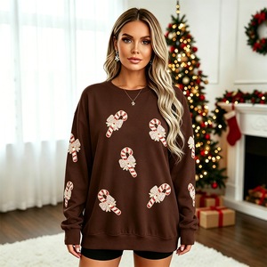 Sweat-shirt rouge surdimensionné à col rond, imprimé pailleté canne à sucre, pull tricoté unisexe, vêtement décontracté d'hiver - Product Image 5