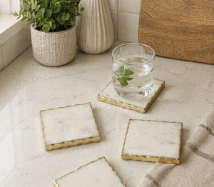 Custom Agra Heritage Marble Crafts Handmade Luxury Stone <b>Coasters</b> <b>White</b> Marble Square Set with Gold Edge for Home and Restaurant - Product Image 1