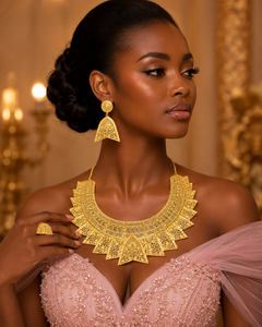 Ethiopian Style Geometric Pattern 24K Gold Plated Chokers Necklace and Earrings Set with Box <b>Chain</b> for Women's Trendy Fashion - Product Image 3