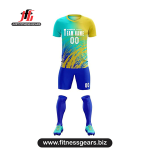 Ensemble de maillots de football personnalisés bleus à manches courtes pour hommes, anti-transpiration, impression par sublimation, taille élastique - Product Image 1