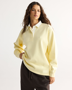Sudadera de punto con cuello y botones de manga larga para mujer, color amarillo, informal, de color sólido, de algodón, para primavera - Product Image 1