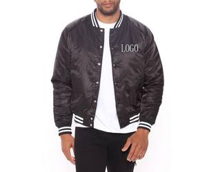Men's Black Bomber Jacket With White Stripe Trim Embroidered Logo Front <b>Button</b> Closure Regular Fit Autumn Casual Style - Product Image 1