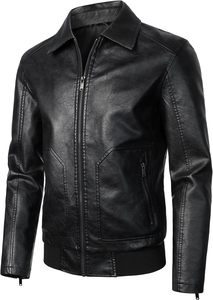 <b>Men</b> Black PU <b>Leather</b> Moto Biker <b>Jacket</b> Zipper Front Turn-down Collar Windproof Regular Sleeve Slim Fit Autumn Style - Product Image 3