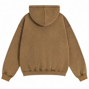 Sweat à capuche marron vintage délavé à l'acide, entièrement zippé, en molleton de coton épais, imprimé personnalisé, coupe oversize, style streetwear - Product Image 5