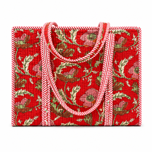 Bolsa de Mano de Moda para Mujer, de Tela de Algodón con Estampado Floral Rojo, Cierre de Cremallera, Asas a Rayas Vintage, Ligera, para Viajes y Compras - Product Image 1